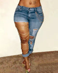 Women Jeans Pencil Pants Denim Sexy Big Holes Chain Washing Slim Pockets Streetwear Spring 2024 Slight Strech Solid Color