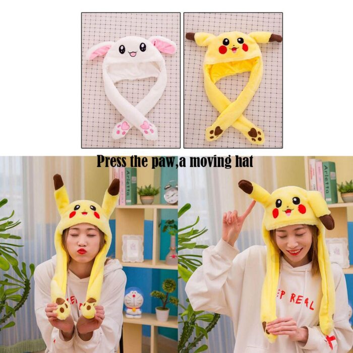 Kawaii Plush Moving Rabbit Ears Hat Lovely Luminous/No Light Kids Plush Hand Pinch Cap Moving Ears Hat with Earflap Girls Gift