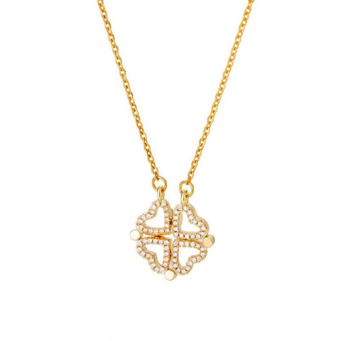 Retro Magnetic Folding Heart-Shaped Four-leaf Clover Pendant Necklace (Random Color) - Each - Image 10