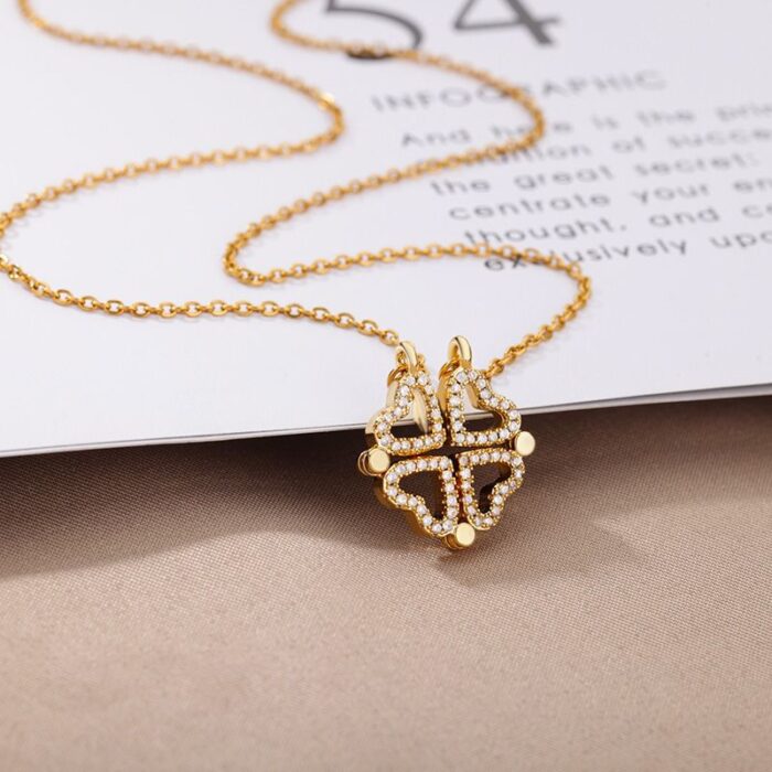Retro Magnetic Folding Heart-Shaped Four-leaf Clover Pendant Necklace (Random Color) - Each - Image 9