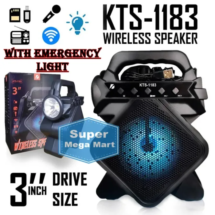 Original KTS 1183 Bluetooth Wireless Speaker / Support USB - SD Card - MIC / FM Radio / USB Charging / 3" Drive Size / Mini MP3 Player / Very Loud & Clear Sound System Loudspeaker / Torch / High Quality Stereo Bass Rechargeable Flashlight Speakers