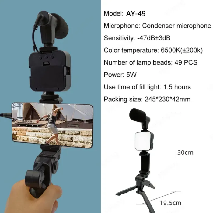 Vlogging Video Making Kit - Phone Mount Photographic Lighting Smartphone Video Kit Microphone LED Selfie Tripod Recording Handle Portable Stabilizer Bracket - Image 2